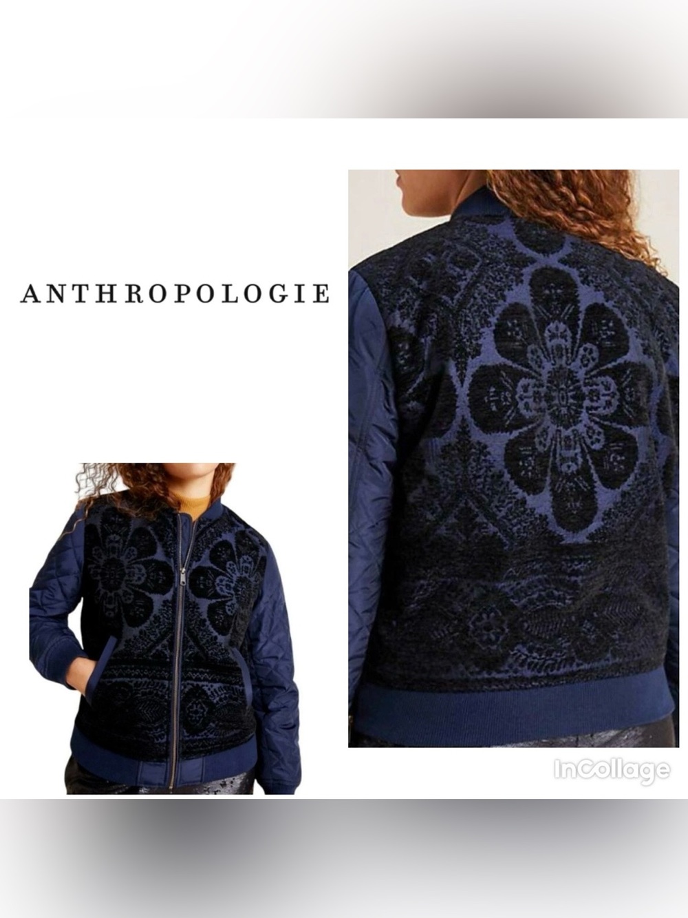 Anthropologie Clemence Quilted Bomber with Floral Burnout Velvet